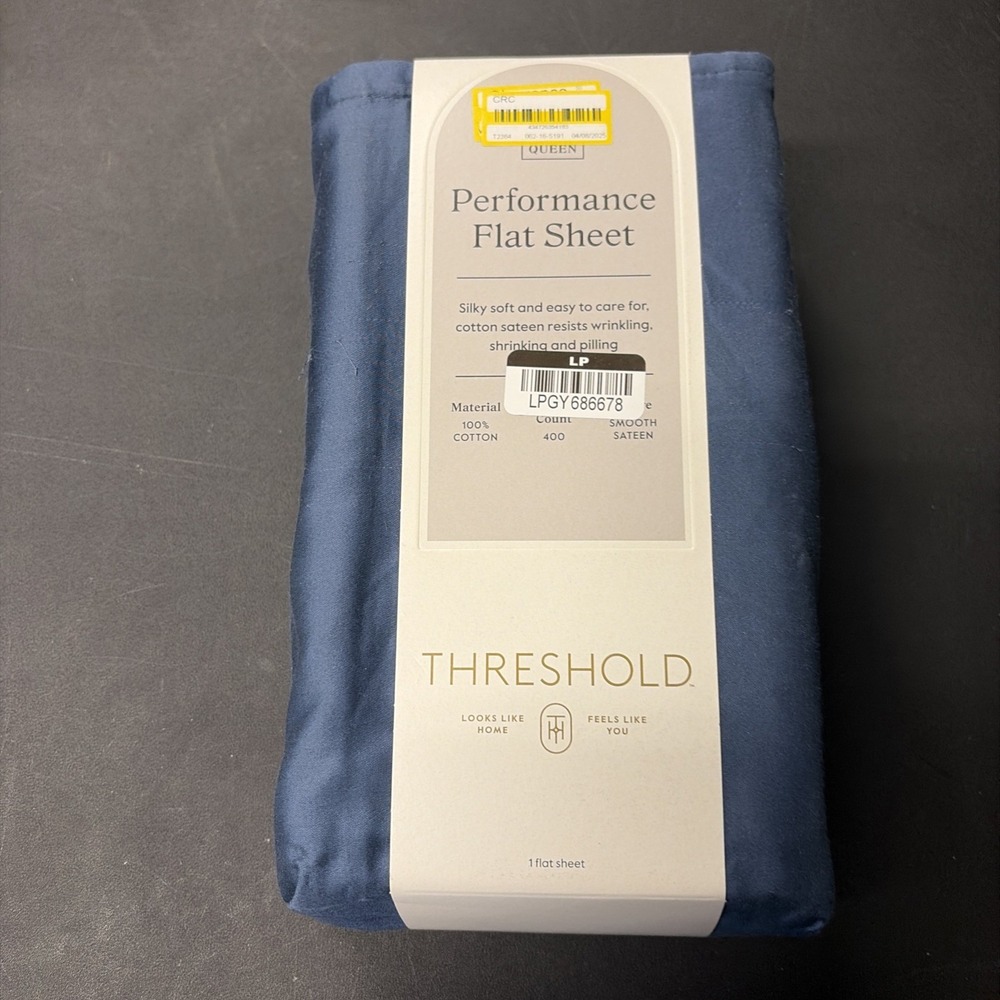 Threshold Performance Cotton Sateen QUEEN Flat Sheet Blue 400 TC Smooth 20582
